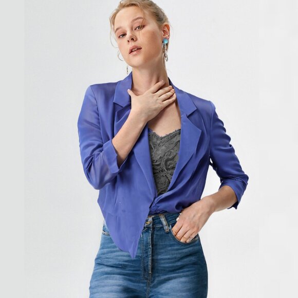 Forever 21 Open Asymmetrical Hem Blazer Suit Jacket Office Casual Blue Large - Picture 1 of 7